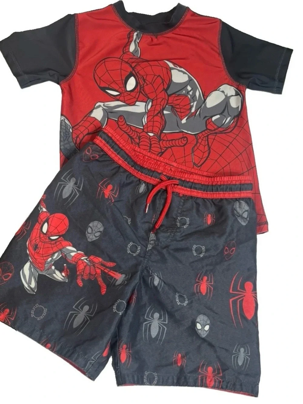Marvel Spider-Man Boys Swim Set Size 7 Shirt & Swim Trunks Gray Red 2-Piece